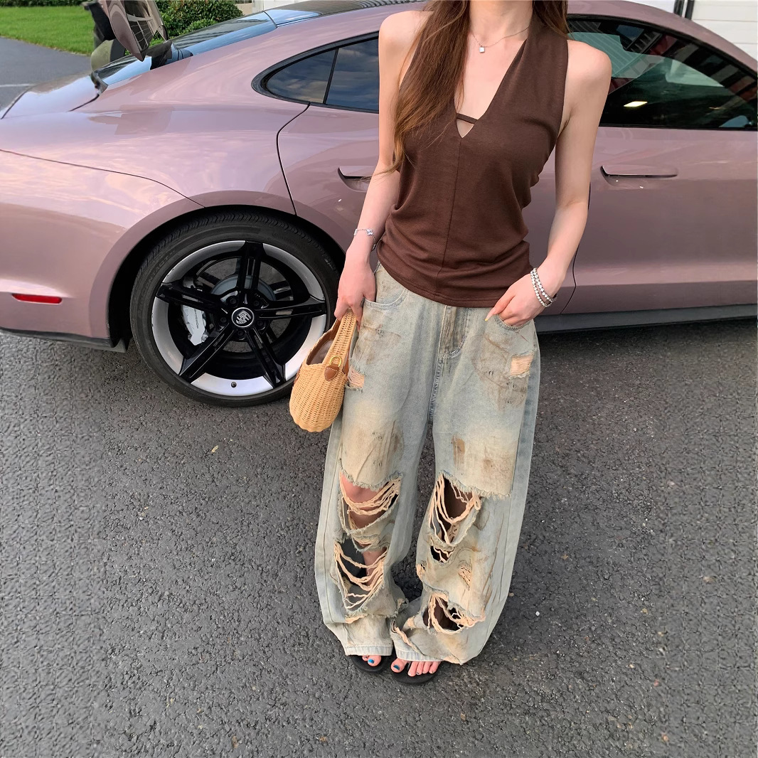 Real shot of halter neck and neck strap top for women heavy industry ink splashing old retro ripped jeans floor trousers - Image 4