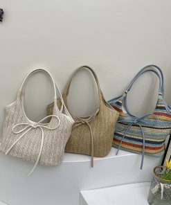 Fashionable large capacity bag for women's summer rainbow straw woven shoulder bag high-end contrasting color commuting tote bag