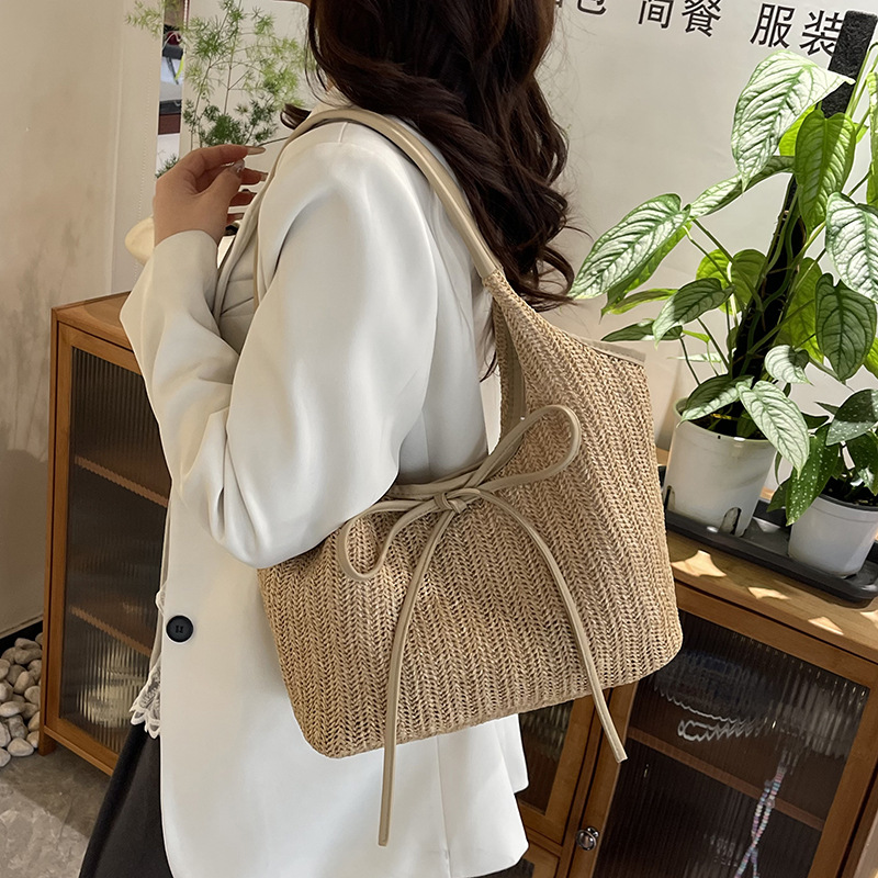 Fashionable large capacity bag for women's summer rainbow straw woven shoulder bag high-end contrasting color commuting tote bag - Image 2