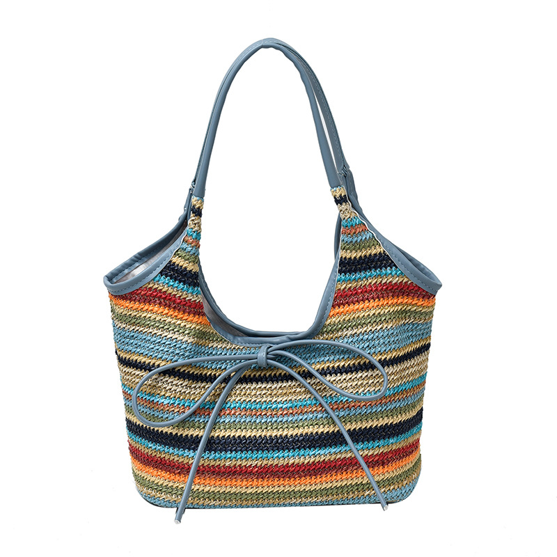 Fashionable large capacity bag for women's summer rainbow straw woven shoulder bag high-end contrasting color commuting tote bag - Image 11