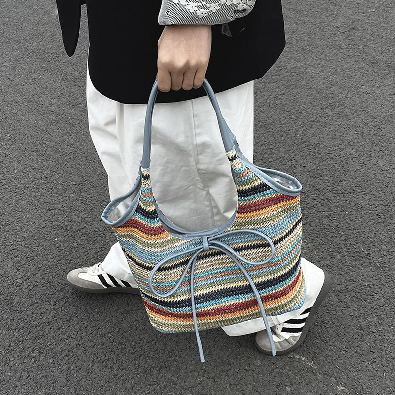 Fashionable large capacity bag for women's summer rainbow straw woven shoulder bag high-end contrasting color commuting tote bag - Image 3