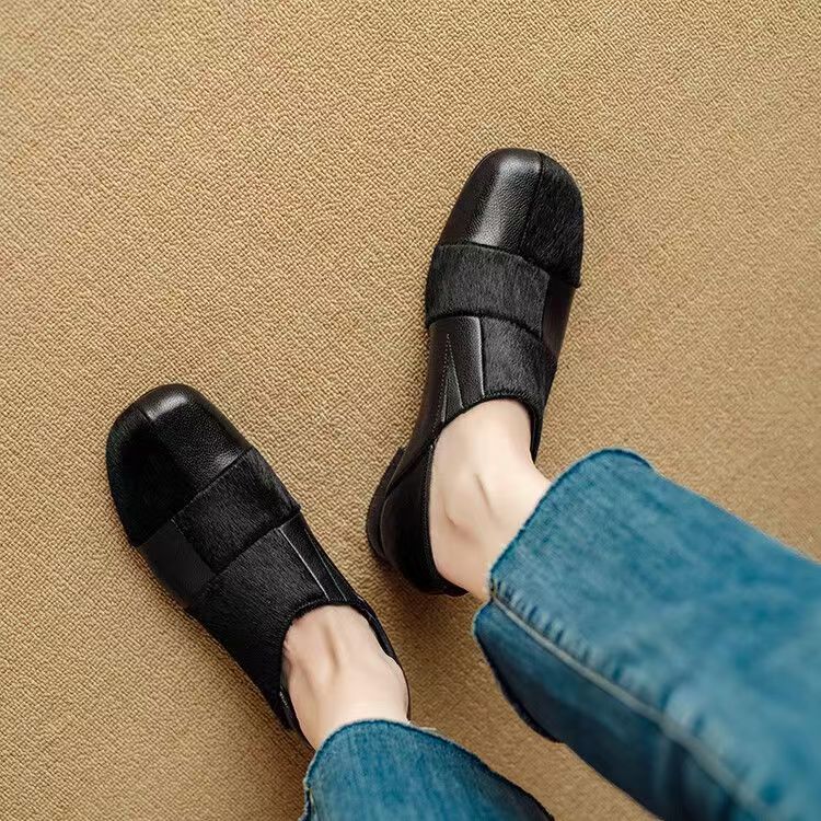 Very good to wear without tiring small single shoes French deep mouth single shoes women's spring and autumn round toe thick heel soft leather shoes - Image 2