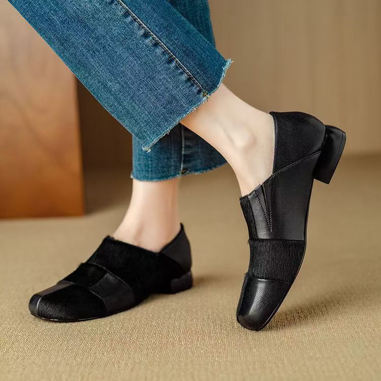 Very good to wear without tiring small single shoes French deep mouth single shoes women's spring and autumn round toe thick heel soft leather shoes - Image 6