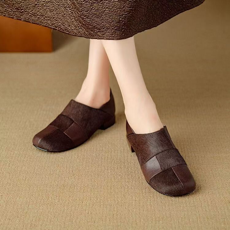 Very good to wear without tiring small single shoes French deep mouth single shoes women's spring and autumn round toe thick heel soft leather shoes - Image 7