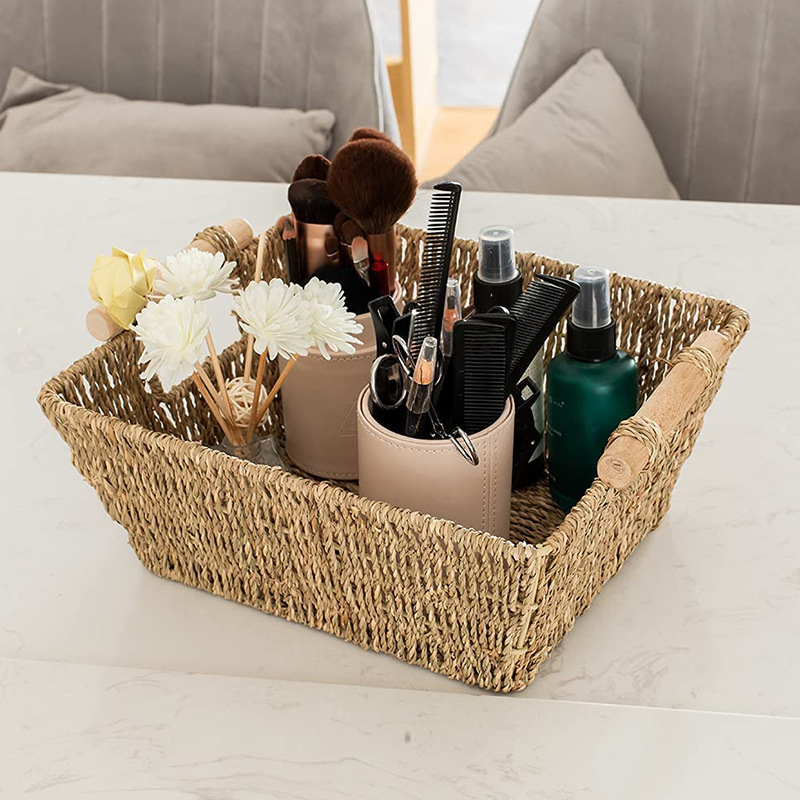 Straw storage basket desktop cosmetics storage basket square toy snack storage basket seaweed weaving - Image 2