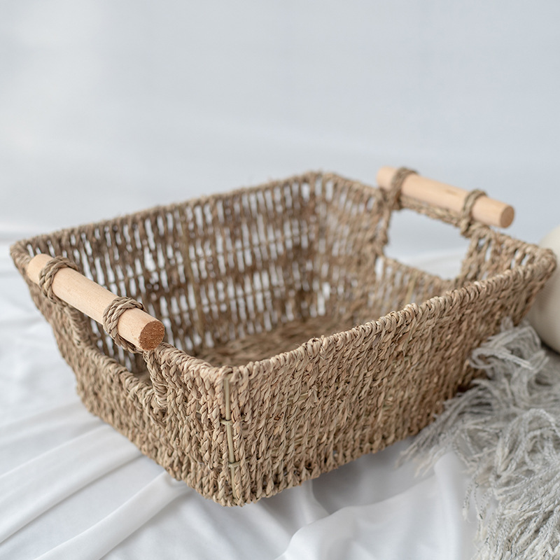 Straw storage basket desktop cosmetics storage basket square toy snack storage basket seaweed weaving - Image 5