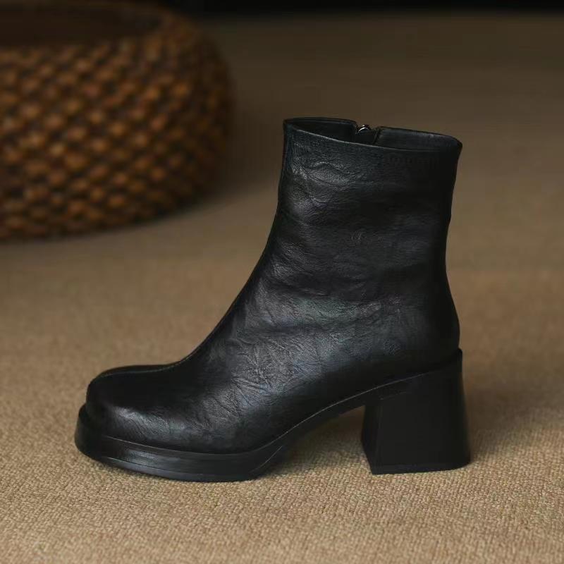 Giant comfortable fashion thick sole short boots for women thick heels autumn and winter soft leather boots retro stilettos Martin boots - Image 11