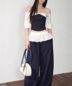 Original sporty pure contrasting one-shoulder top ruffled scimitar trousers suit pants