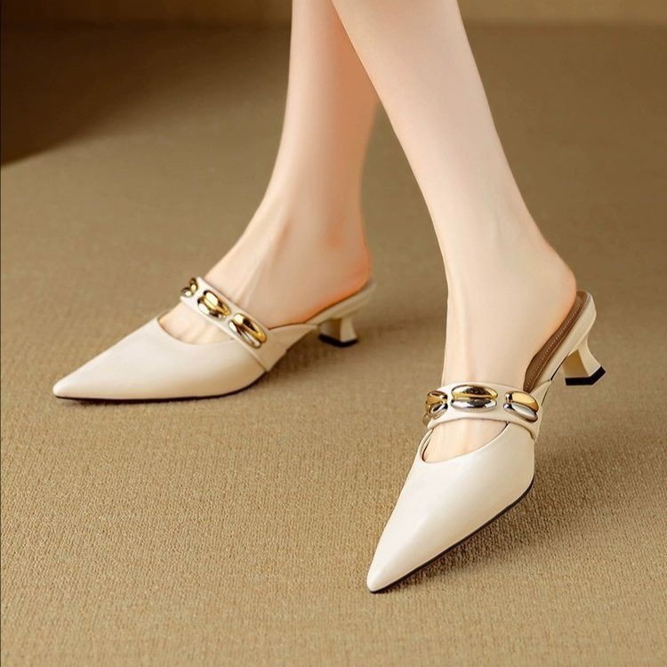 French temperament with skirt, bag-toe half slippers for women, soft leather mid-heeled sandals pointed toe high heels - Image 2