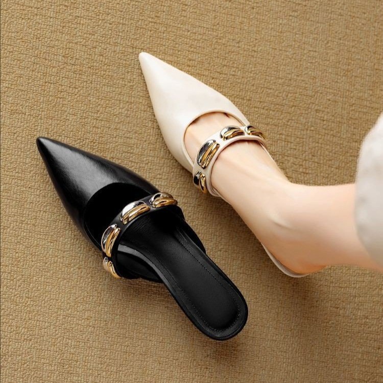 French temperament with skirt, bag-toe half slippers for women, soft leather mid-heeled sandals pointed toe high heels - Image 3