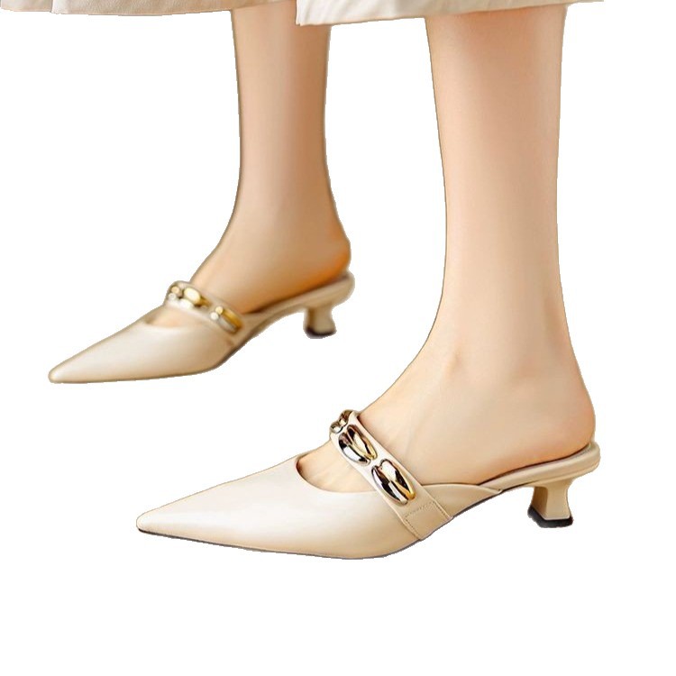 French temperament with skirt, bag-toe half slippers for women, soft leather mid-heeled sandals pointed toe high heels - Image 5