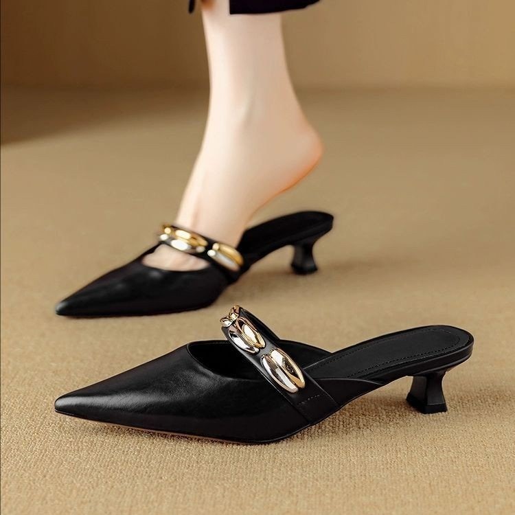 French temperament with skirt, bag-toe half slippers for women, soft leather mid-heeled sandals pointed toe high heels - Image 7