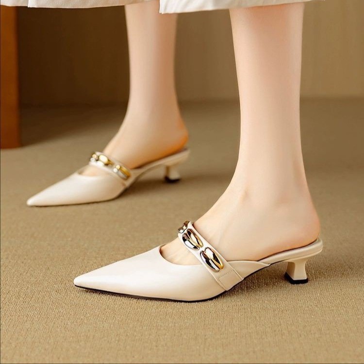 French temperament with skirt, bag-toe half slippers for women, soft leather mid-heeled sandals pointed toe high heels - Image 8