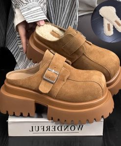 Frosted soft leather sponge cake thick-soled slippers for women wearing retro and fashionable retro simple small person heightened half-slippers trendy