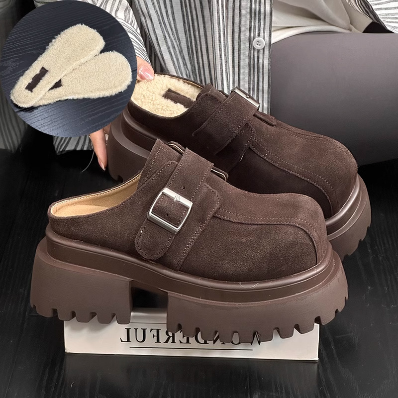 Frosted soft leather sponge cake thick-soled slippers for women wearing retro and fashionable retro simple small person heightened half-slippers trendy - Image 2