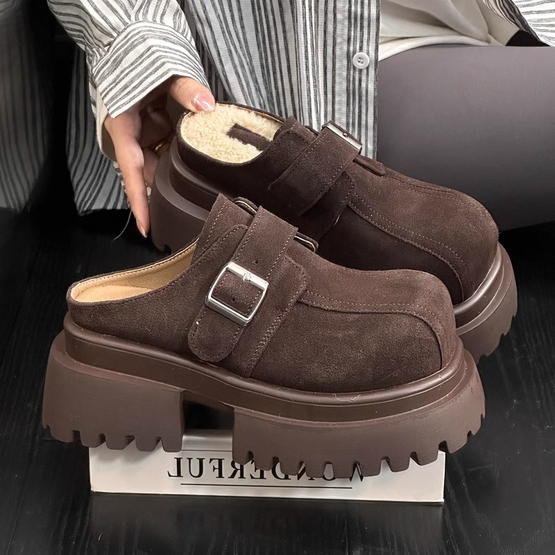 Frosted soft leather sponge cake thick-soled slippers for women wearing retro and fashionable retro simple small person heightened half-slippers trendy - Image 11