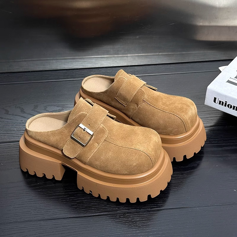 Frosted soft leather sponge cake thick-soled slippers for women wearing retro and fashionable retro simple small person heightened half-slippers trendy - Image 12