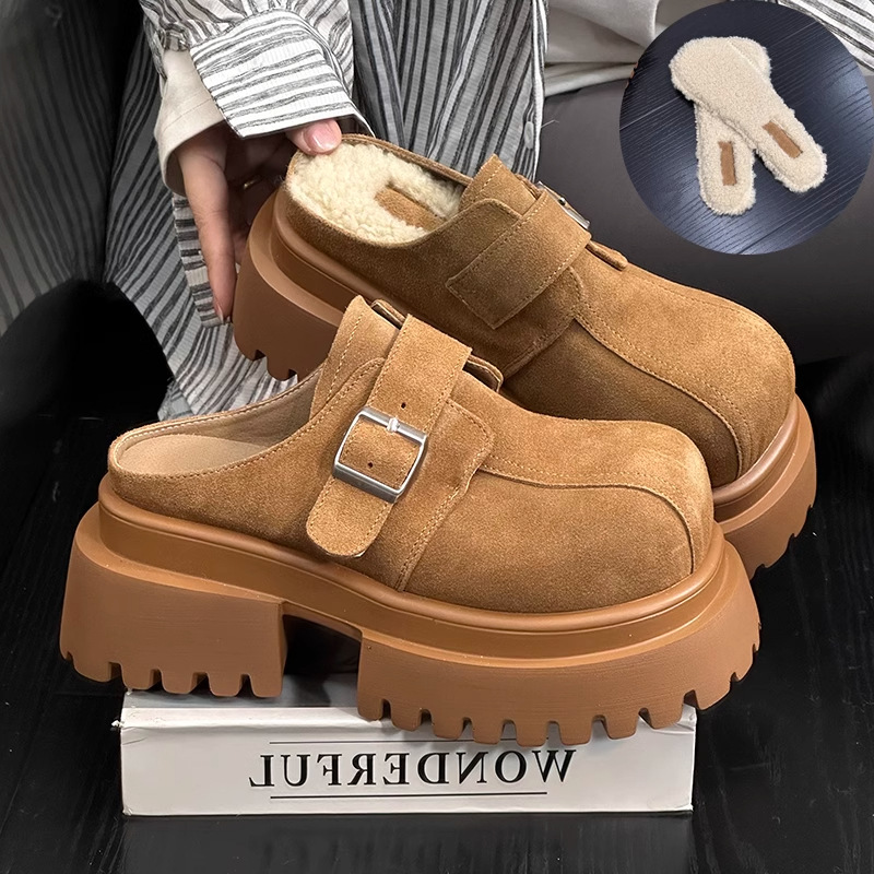 Frosted soft leather sponge cake thick-soled slippers for women wearing retro and fashionable retro simple small person heightened half-slippers trendy - Image 13