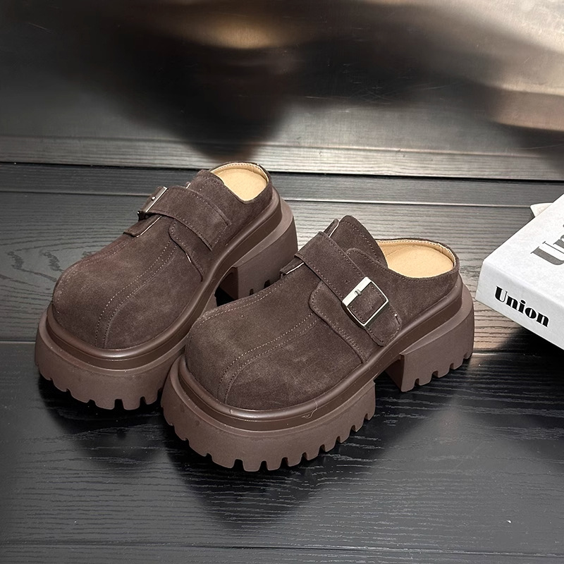 Frosted soft leather sponge cake thick-soled slippers for women wearing retro and fashionable retro simple small person heightened half-slippers trendy - Image 3