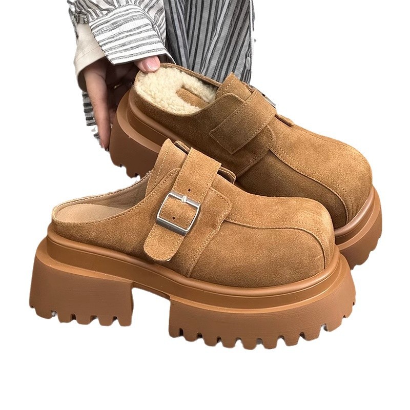 Frosted soft leather sponge cake thick-soled slippers for women wearing retro and fashionable retro simple small person heightened half-slippers trendy - Image 5