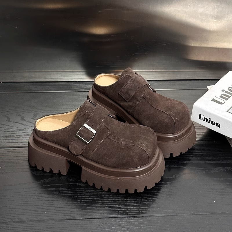 Frosted soft leather sponge cake thick-soled slippers for women wearing retro and fashionable retro simple small person heightened half-slippers trendy - Image 10