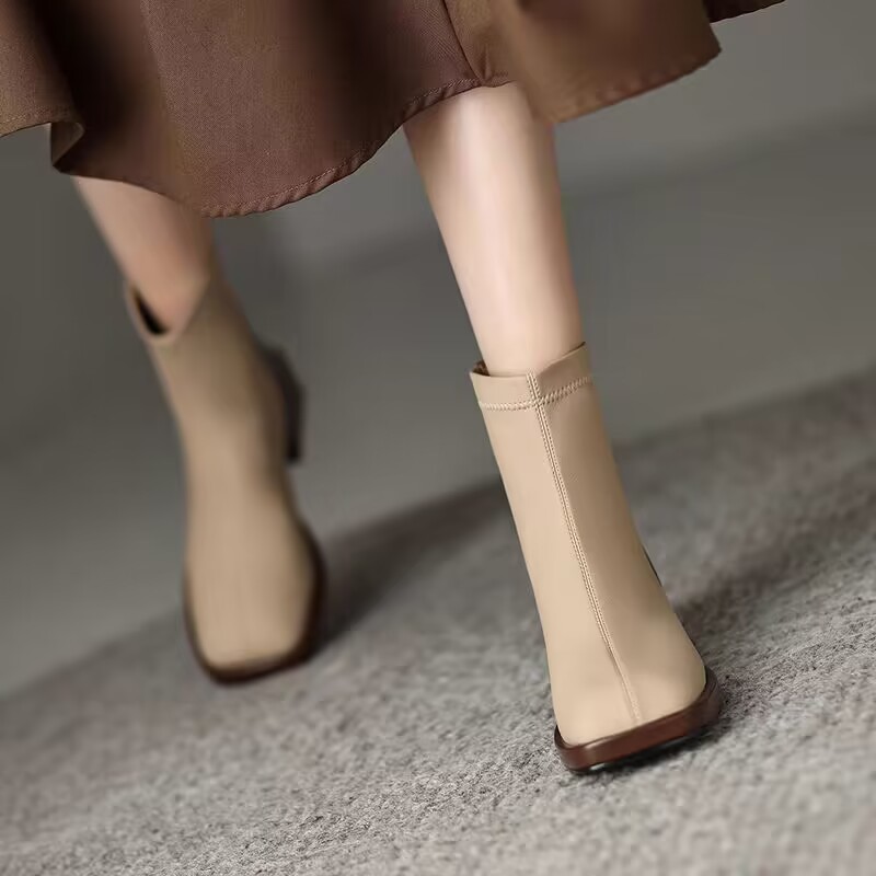 British style thick heel rear zipper Martin boots color-blocked square toe stretch thin short boots autumn and winter single boots for women soft leather - Image 2