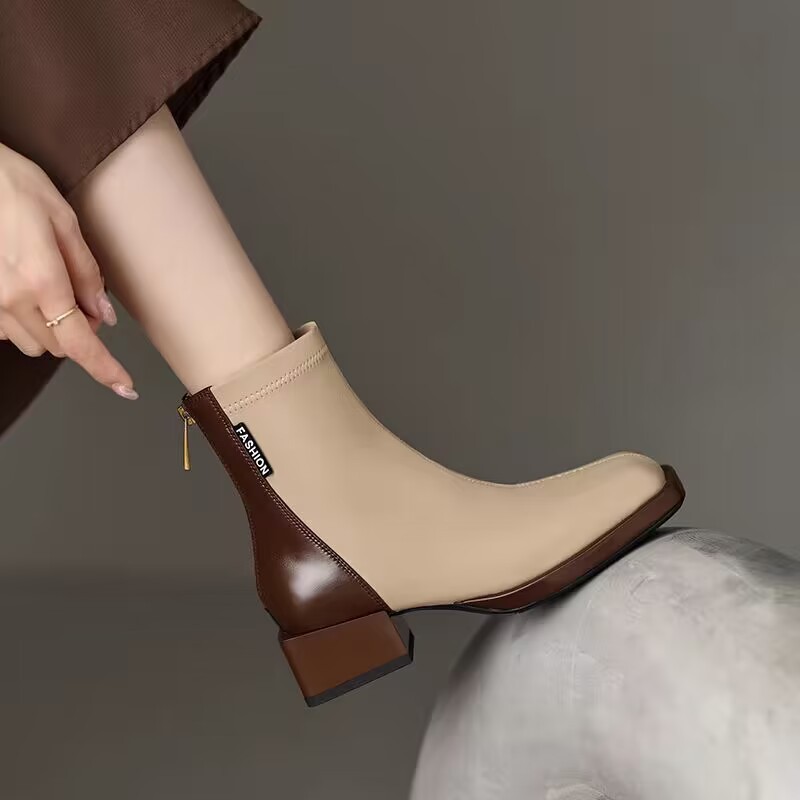 British style thick heel rear zipper Martin boots color-blocked square toe stretch thin short boots autumn and winter single boots for women soft leather - Image 4