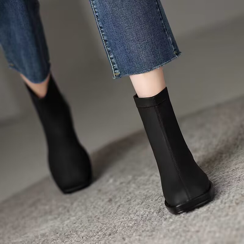 British style thick heel rear zipper Martin boots color-blocked square toe stretch thin short boots autumn and winter single boots for women soft leather - Image 6