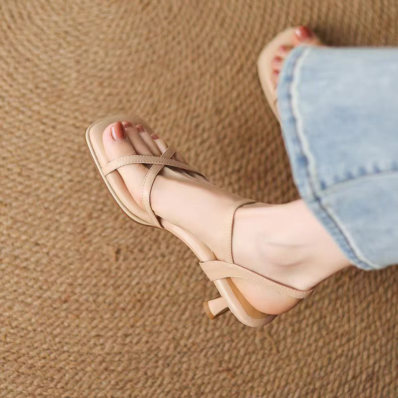 French beautiful sandals for women in summer, soft leather, thick heels, soft soles, and no tiring high heels with skirt - Image 2