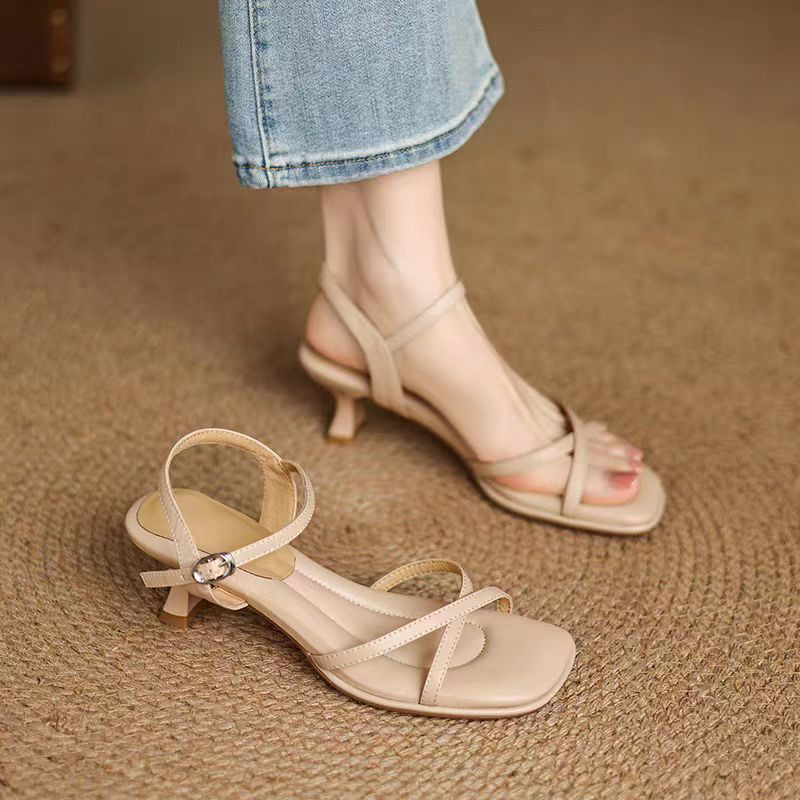 French beautiful sandals for women in summer, soft leather, thick heels, soft soles, and no tiring high heels with skirt - Image 7