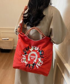 Retro embroidered shopping bag for women in spring large capacity tote bag shoulder bag nylon handbag canvas bag