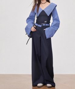 One-shoulder striped splicing slim bodysuit college casual pants