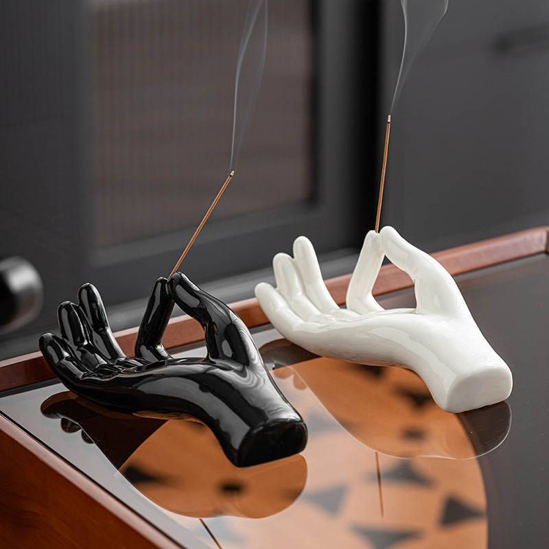 Wind black and white ceramic Buddha hand home decoration line incense ornaments support - Image 6