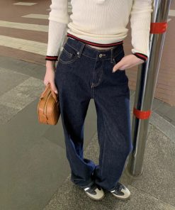 Real shot of denim blue jeans for women in spring high waist retro versatile casual pants trousers