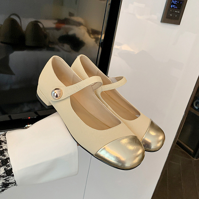 New Year's little fragrant style color-blocking Mary Zhen shoes for women's spring simple single shoes light mouth round toe flat shoes cute - Image 3