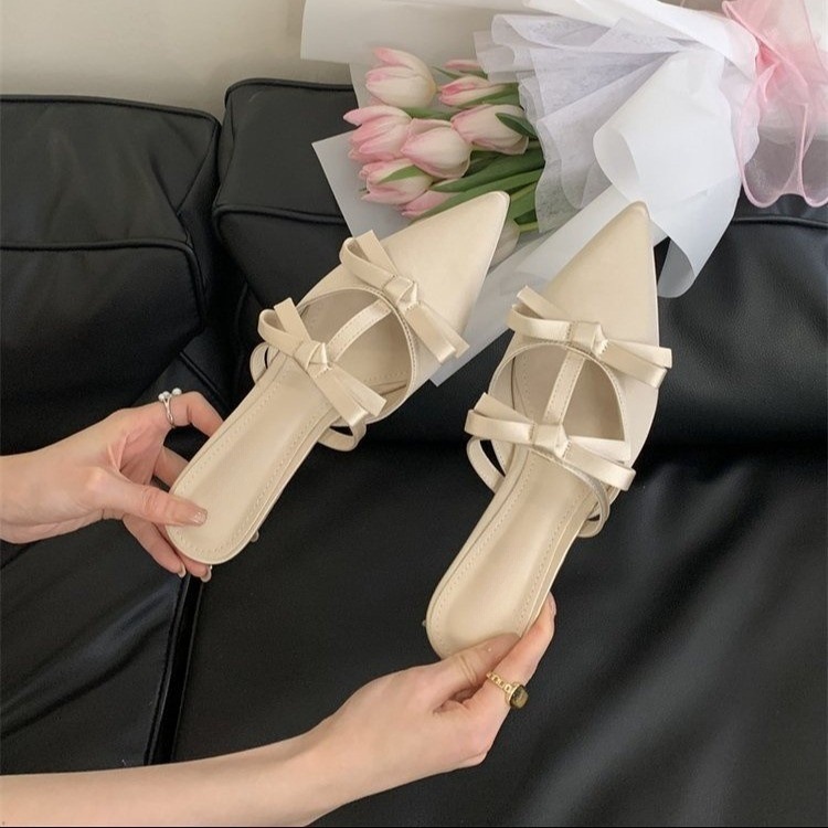 Baotou half slippers for women wearing spring and summer thin heel sandals kitten heel bow French pointed-toe slippers - Image 2