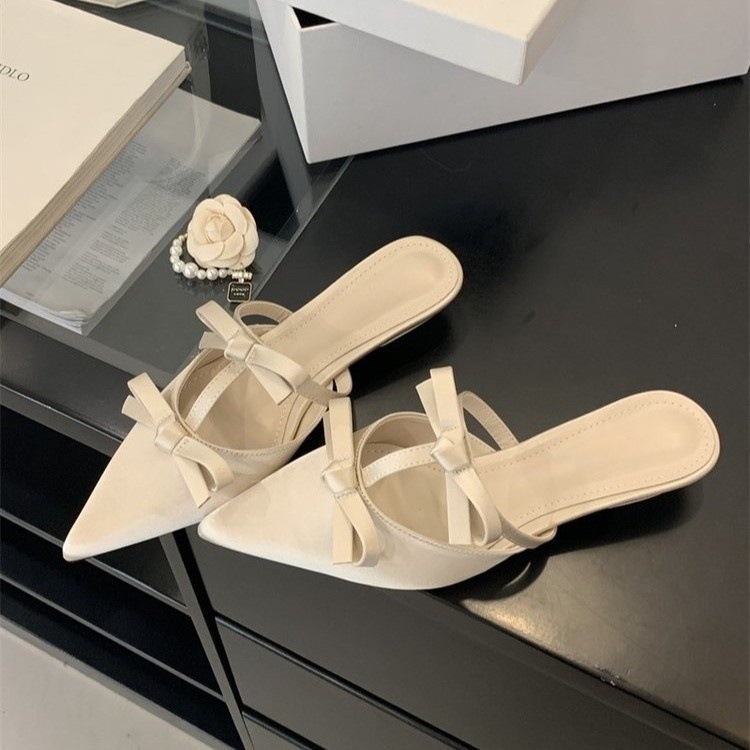 Baotou half slippers for women wearing spring and summer thin heel sandals kitten heel bow French pointed-toe slippers - Image 7