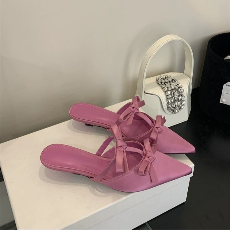 Baotou half slippers for women wearing spring and summer thin heel sandals kitten heel bow French pointed-toe slippers - Image 8
