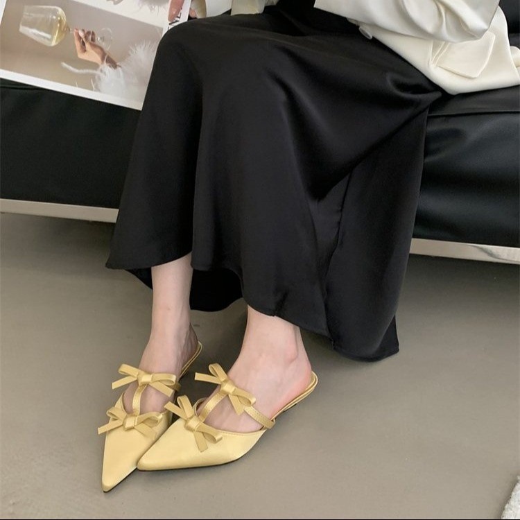 Baotou half slippers for women wearing spring and summer thin heel sandals kitten heel bow French pointed-toe slippers - Image 9