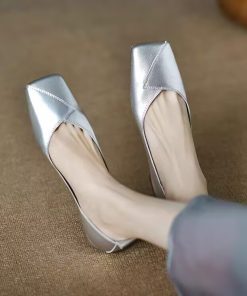French temperament gold silver simple gentle grandma shoes square toe shallow mouth flat ballet shoes single shoes for women spring and summer