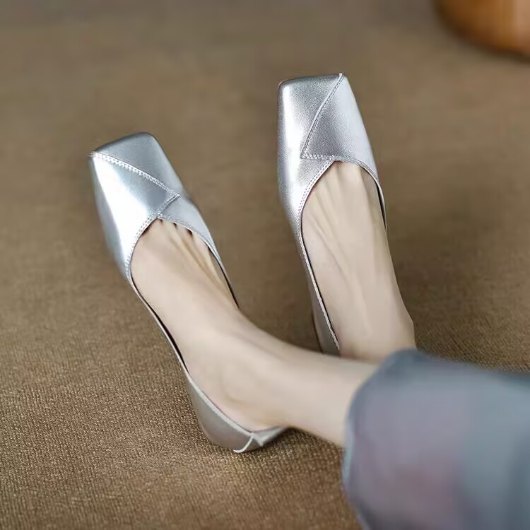 French temperament gold silver simple gentle grandma shoes square toe shallow mouth flat ballet shoes single shoes for women spring and summer