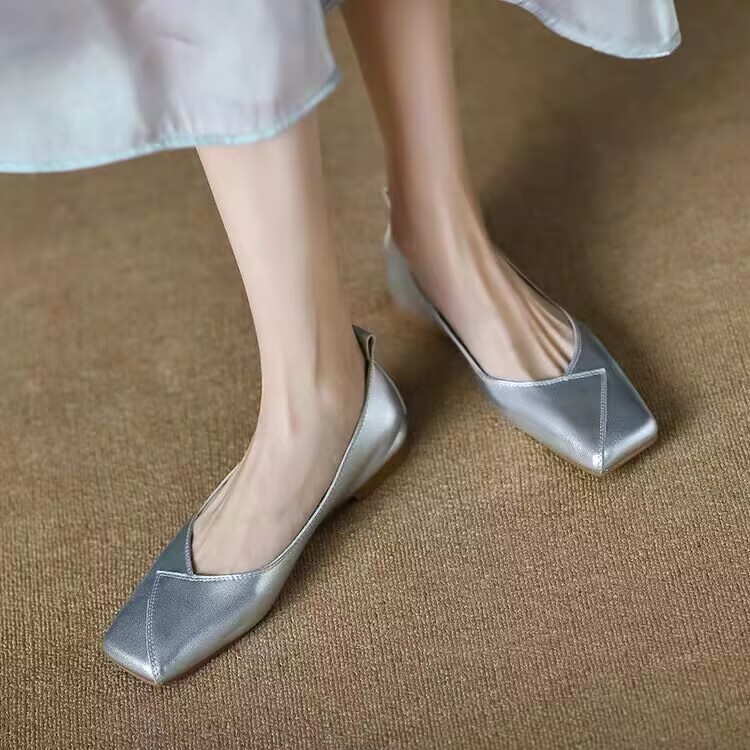 French temperament gold silver simple gentle grandma shoes square toe shallow mouth flat ballet shoes single shoes for women spring and summer - Image 3