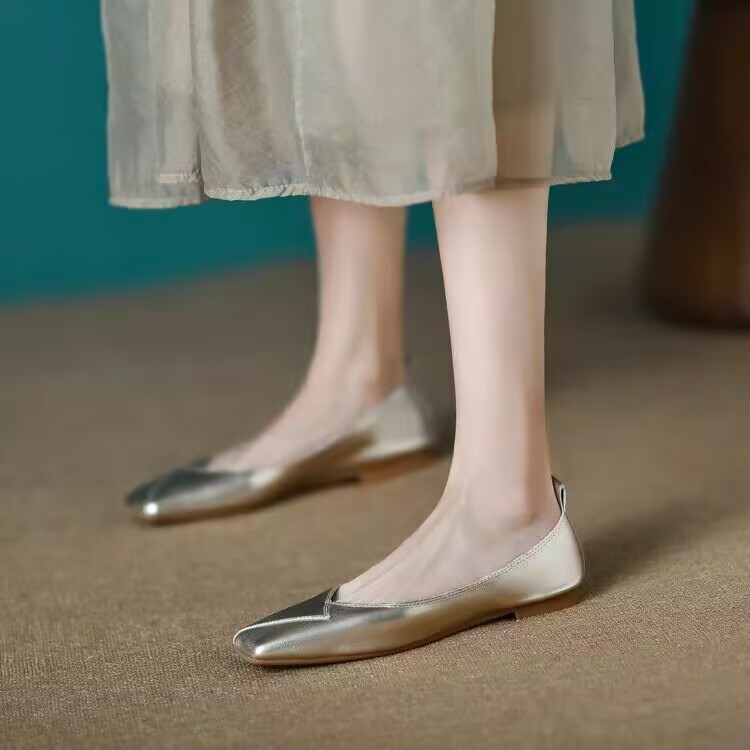 French temperament gold silver simple gentle grandma shoes square toe shallow mouth flat ballet shoes single shoes for women spring and summer - Image 4