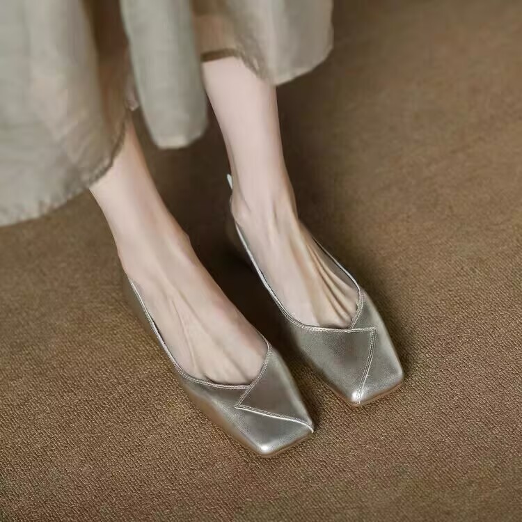 French temperament gold silver simple gentle grandma shoes square toe shallow mouth flat ballet shoes single shoes for women spring and summer - Image 6