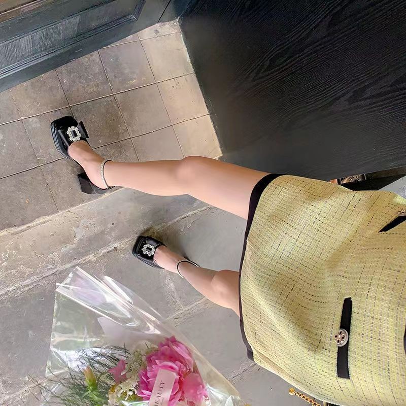 Baotou thick heel sandals for women summer bag bow high heel shoes rhinestone square buckle one-liner square buckle square toe Marie Zhen shoes - Image 2