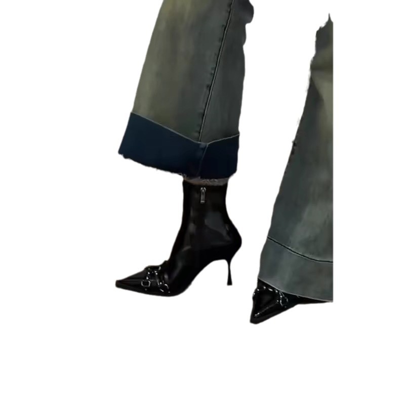 French temperament short boots for women with thin heels high-end rivet pointed toe thin boots stretch high heels - Image 5