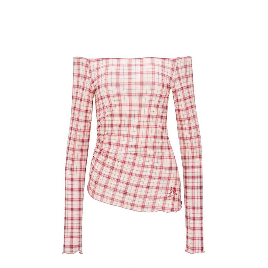 Golden Snake New Early Spring One-Linged Hot Girl Long Sleeve Red Checkered Small Shirt Women - Image 4