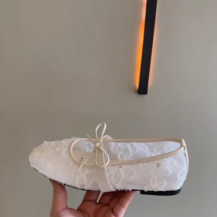 Lace mesh ballet style light mouth single shoes for women summer bow one-liner Mary Jane women's shoes - Image 2