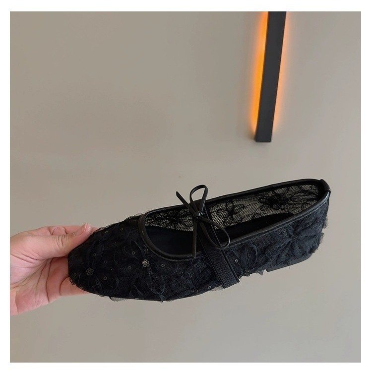 Lace mesh ballet style light mouth single shoes for women summer bow one-liner Mary Jane women's shoes - Image 3