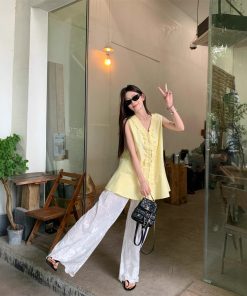 Real photos of Korean style, loose slim collar shirt, casual and versatile lace wide-leg pants suit for women